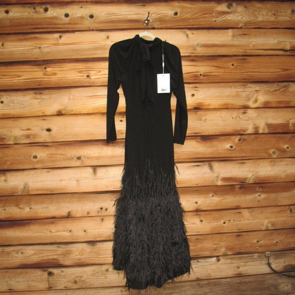 MAC DUGGAL  11839 Black Jersey Long Sleeve High Neck Feather Gown - Picture 13 of 16